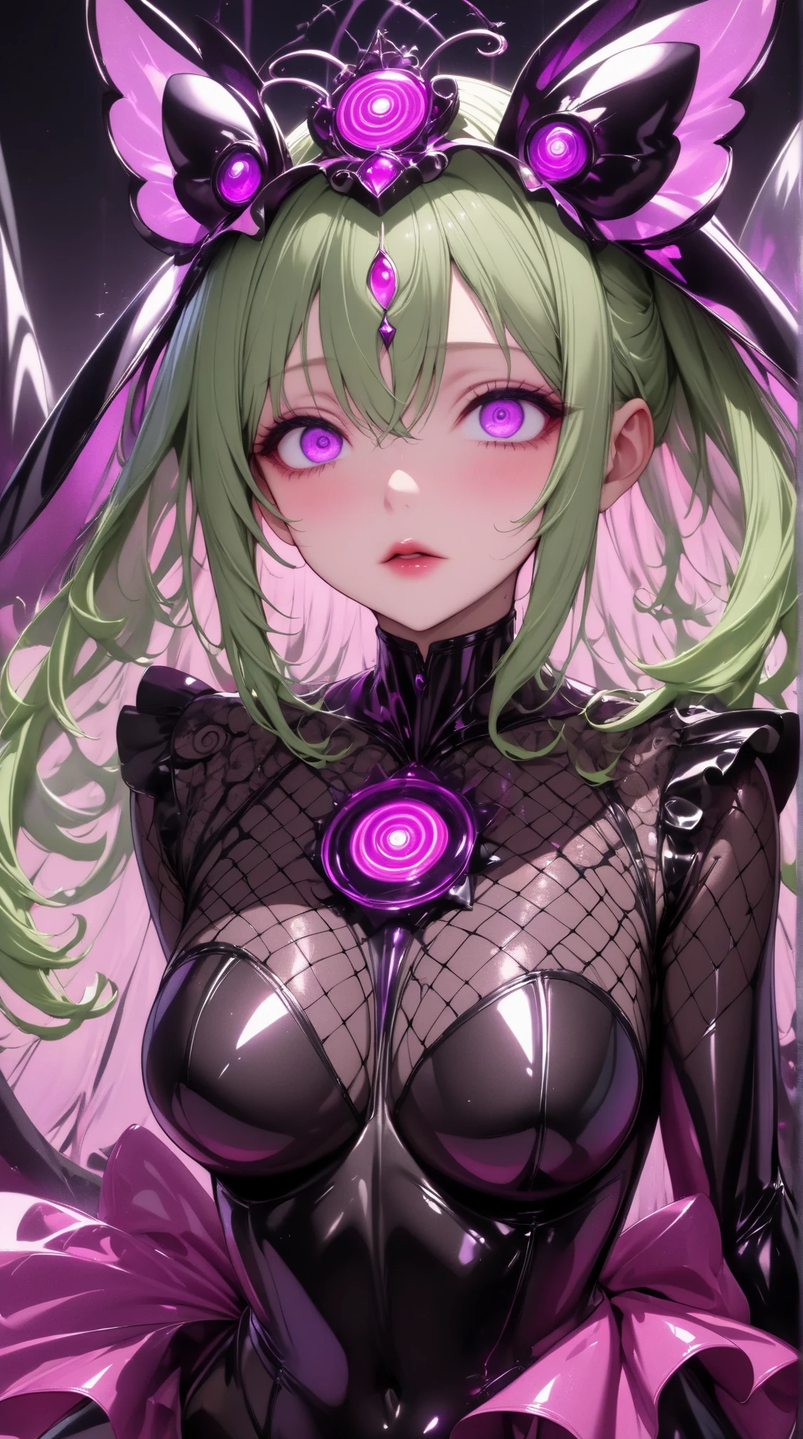  Young Beautiful Woman,( best quality, very detailed depiction, incredible high resolution,High quality anime drawings),(Magical girl costume based on black and pink, Bad End Bodysuit, latex bodysuit ,Body net suit, black tights, thigh-high boots),( green hair,Swirling Eyes,Purple Eyes, Hollow Eyes, mind control :1.3,hypnotism,Glossy lips, glamorous body, slender,stoic,Empty look,Fall,Fallen into evil,Being manipulated,Beautiful legs, healthy legs), cowboy shot:1.3