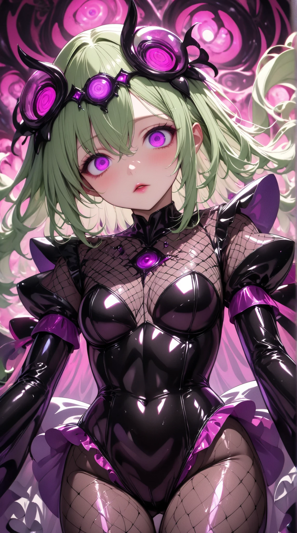  Young Beautiful Woman,( best quality, very detailed depiction, incredible high resolution,High quality anime drawings),(Magical girl costume based on black and pink, Bad End Bodysuit, latex bodysuit ,Body net suit, black tights, thigh-high boots),( green hair,Swirling Eyes,Purple Eyes, Hollow Eyes, mind control :1.3,hypnotism,Glossy lips, glamorous body, slender,stoic,Empty look,Fall,Fallen into evil,Being manipulated,Beautiful legs, healthy legs), cowboy shot:1.3