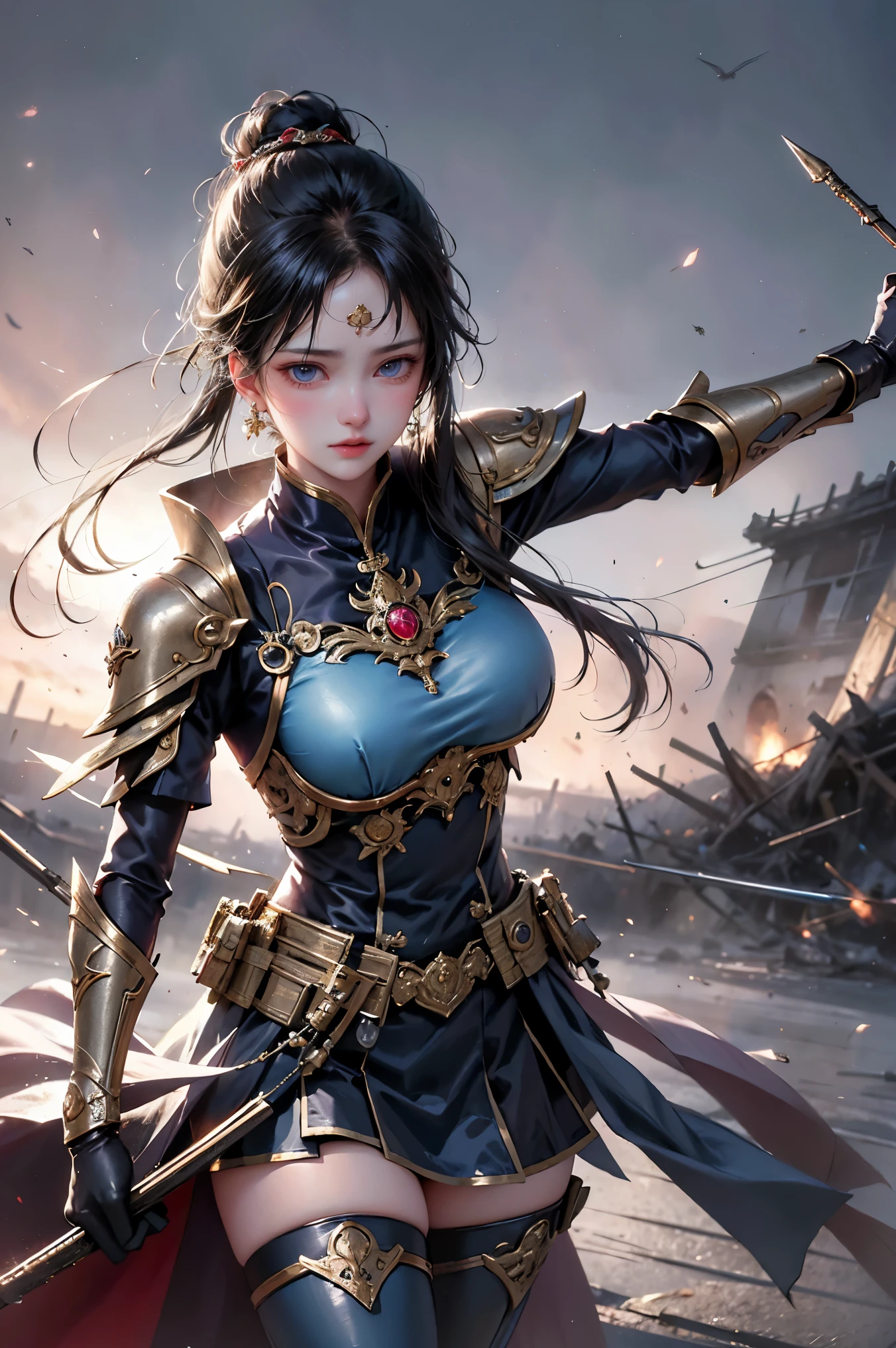 (masterpiece, best quality, highres:1.2),(photorealistic:1.2),1girl,cleavage,<lora:ZSkuijia-200:0.65>,dynamic pose,cover armor,chinese mantle,breastplate,<lora:cyberhanfu_20230617014620:0.3>, cyberhanfu,chinese_clothes,