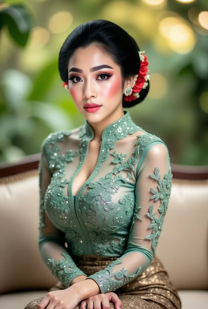 An elegant Indonesian woman sits gracefully on a beige couch in an outdoor setting. She wears a shimmering transparent greenish magenta kebaya with detailed floral lacework and transparent long sleeves, combined with a traditional brown and gold batik skirt. Her makeup highlights her features with pink blush, full eyebrows, and coral lips. Her black hair is neatly tied back in a bun, decorated with red flowers. The background is filled with soft-focus greenery and warm, ambient bokeh lights.
