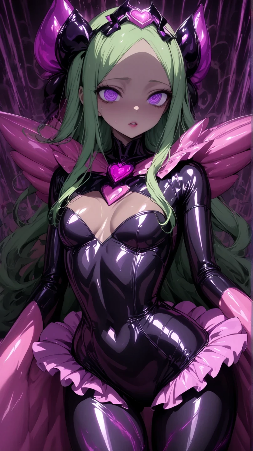  Young Beautiful Woman,( best quality, very detailed depiction, incredible high resolution,High quality anime drawings),(Magical girl costume based on black and pink, Bad End Bodysuit, latex bodysuit ,Body net suit, black tights, thigh-high boots),( green hair,Swirling Eyes,Purple Eyes, Hollow Eyes, mind control :1.3,hypnotism,Glossy lips, glamorous body, slender,stoic,Empty look,Fall,Fallen into evil,Being manipulated,Beautiful legs, healthy legs), cowboy shot:1.3