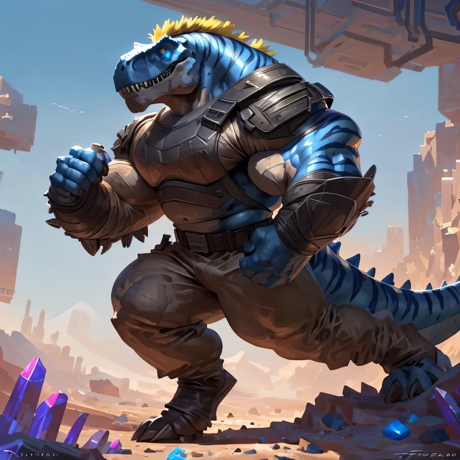 By Taran Fiddler, dynamic scene, side view, an alone anthropomorphic badass strongman soldier dinosaur (realistic, detailed, aesthetic physique, aesthetic proportions, 4 meters tall, very tall, manly, extremely oversized thick massive large big muscles, extremely broad oversized shoulders, sky-blue body, yellow hair, dinosaur head (Tyrannosaurus-Rex head, smilodon teeth, yellow thick full bushy mustache, yellow thick trimmed full long beard, yellow thick mohawk hairstyle, bright blue glowing eyes, sky-blue skin) sky-blue skin, black stripes, wears a grey futuristic bodyarmor, wears a futuristic grey armored pant, wears futuristic black military boots, wears a grey iron belt, wears a grey futuristic bodyarmor, running through a tunnel with crystals) running through a tunnel with crystals in abandoned futuristic city at night.