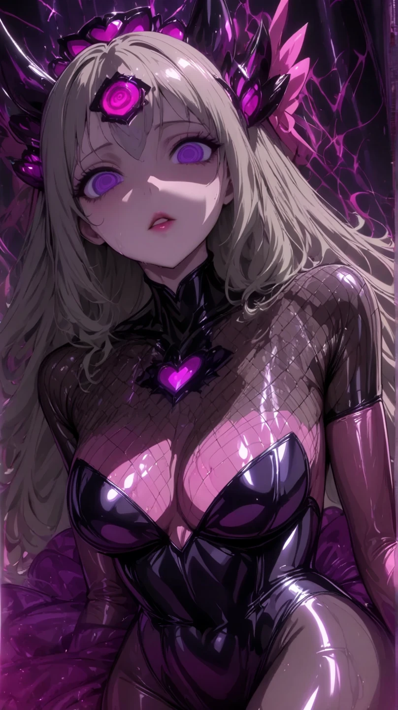  Young Beautiful Woman,( best quality, very detailed depiction, incredible high resolution,High quality anime drawings),(Magical girl costume based on black and pink, Bad End Bodysuit, latex bodysuit ,Body net suit, black tights, thigh-high boots),( green hair,Swirling Eyes,Purple Eyes, Hollow Eyes, mind control :1.3,hypnotism,Glossy lips, glamorous body, slender,stoic,Empty look,Fall,Fallen into evil,Being manipulated,Beautiful legs, healthy legs), cowboy shot:1.3