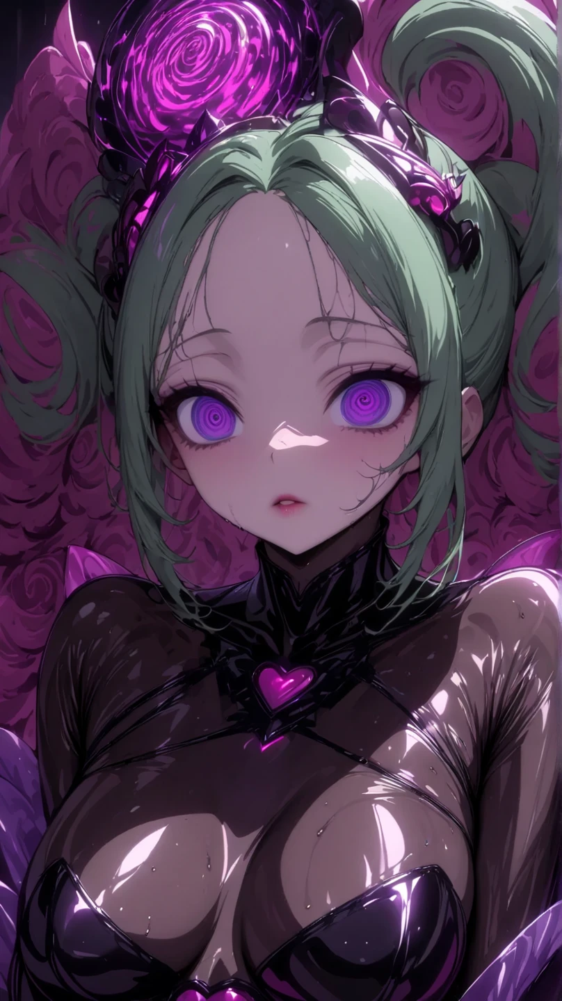  Young Beautiful Woman,( best quality, very detailed depiction, incredible high resolution,High quality anime drawings),(Magical girl costume based on black and pink, Bad End Bodysuit, latex bodysuit ,Body net suit, black tights, thigh-high boots),( green hair,Swirling Eyes,Purple Eyes, Hollow Eyes, mind control :1.3,hypnotism,Glossy lips, glamorous body, slender,stoic,Empty look,Fall,Fallen into evil,Being manipulated,Beautiful legs, healthy legs), cowboy shot:1.3