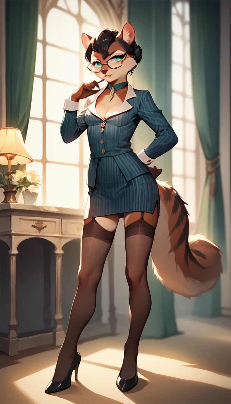 score_9, score_8_up, score_7_up, score_6_up, score_5_up, score_4_up, (solo), female anthro squirrel, mafia suit, secretary outfit, garter belt tights, striped dress, lusty, glasses, fluffy body, black hair, turquoise eyes, (offering the breasts) sex partial clothes, (cleavage) semi-butonned uniform, (barely_visible_booba) (she is standing), small breasts, front view, full body