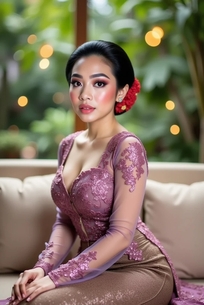 An elegant Indonesian woman sits gracefully on a beige couch in an outdoor setting. She wears a shimmering transparent magenta long kebaya with detailed floral lacework and transparent long sleeves, combined with a traditional brown and gold batik skirt. Her makeup highlights her features with pink blush, full eyebrows, and coral lips. Her black hair is neatly tied back in a bun, decorated with red flowers. The background is filled with soft-focus greenery and warm, ambient bokeh lights.
