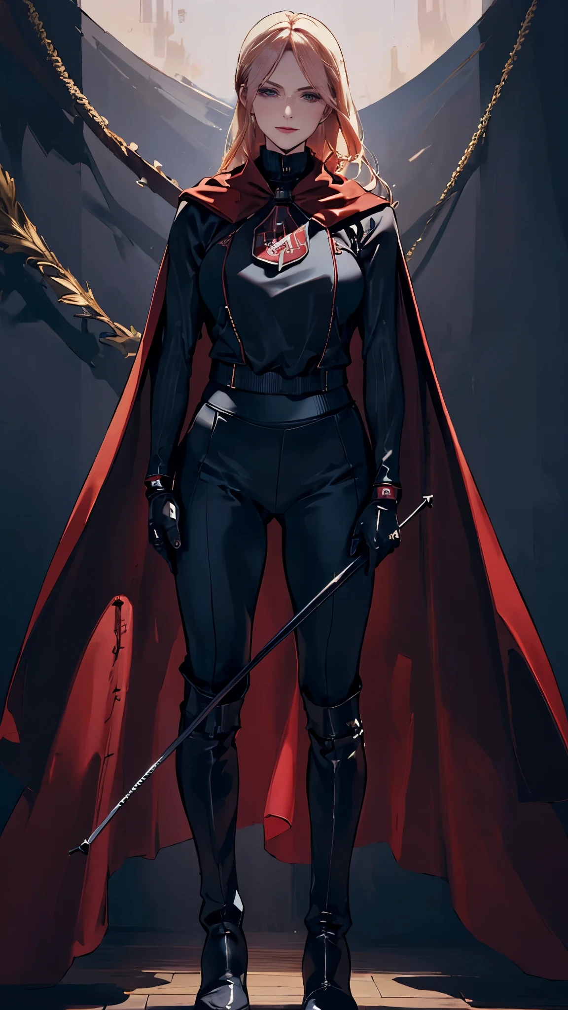 (highest resolution, distinct_image), pureerosface_v1, best quality, a woman, (solo), masterpiece, highly detailed, semi realistic, blonde hair, bangs, 1, mature, young, tall strong, uniform, military uniform( large indoor palace background), cold, serious, tall, handsome, autocratic, powerful, exquisite facial features, exquisite facial features, (full body)(black knee-high boots:1.4)(dominatrix:0.3)( Yoga pants:1.3),(short sports gloves:1.5),(long sleeves:1.3),(fantasy military uniform jacket), (royal queen outfit),solo,1girl,(head turned upwards:0.3)(holding riding crop:1.3)(muscular:1.5)(shirt tucked in pants:1.3),(parquet flooring)(standing on floor)(pretty eyes)(looking at viewer:1.2)(yandere), war glam, superior, devious, anime look, detailed drawing, manga, illustration , superior, organized, from_below, supernatural, goddess, demigod, godlike,pretty face, idol face, (long red cape:1.3), plain background , smirk, smirking, welcoming, smiling, caring, assertive, domineering, (friendly:1.2), mysterious, loving , lipstick , (slim:0.5)