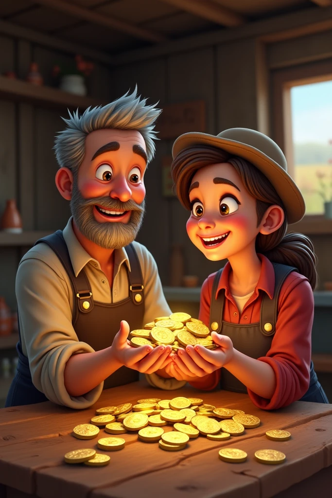 A 35-year-old father, a 4-year-old son, the two are looking at a transparent glass jar filled with happy silver coins, the boy with the black hair, the child with the brown hair, father and son smiling; --auto --s2