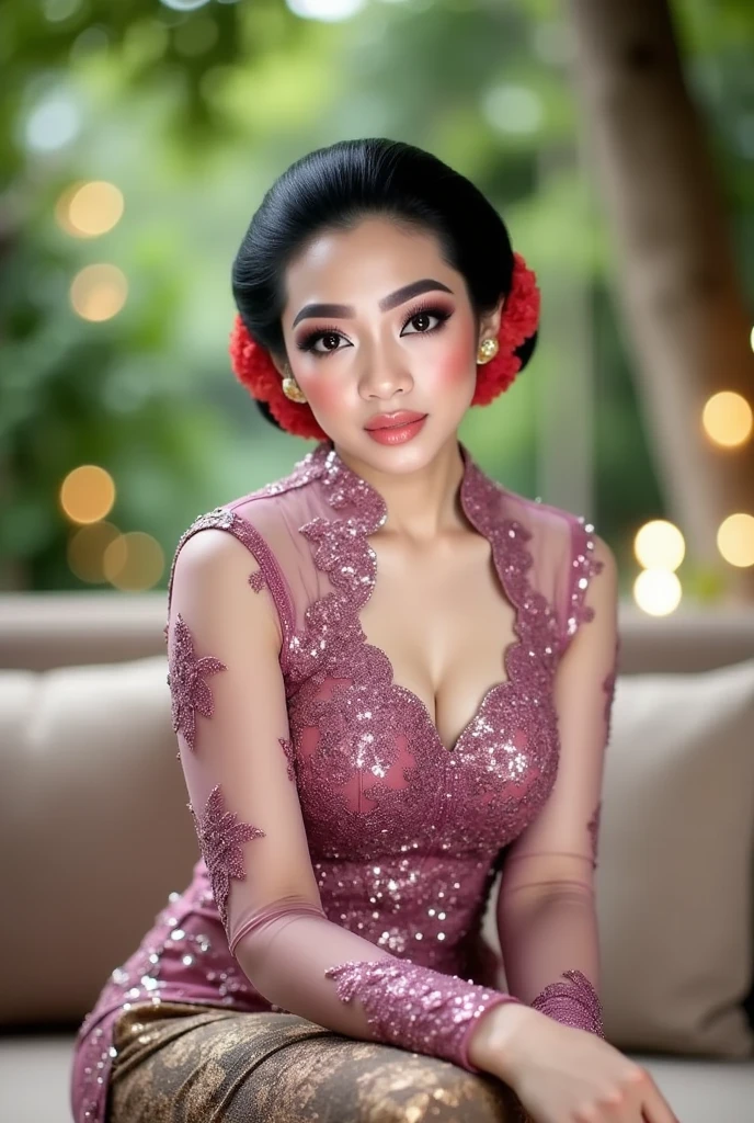 An elegant Indonesian woman sits gracefully on a beige couch in an outdoor setting. She wears a shimmering transparent magenta long kebaya with detailed floral lacework and transparent long sleeves, combined with a traditional brown and gold batik skirt. Her makeup highlights her features with pink blush, full eyebrows, and coral lips. Her black hair is neatly tied back in a bun, decorated with red flowers. The background is filled with soft-focus greenery and warm, ambient bokeh lights.
