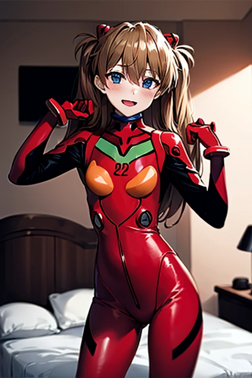 (( best quality)), ((masterpiece)), (be familiar with),  perfect face, indoor, bedroom,  viewer,
One woman,  Soryu Asuka Langley ,
 characters with open mouth ,  ecstatic expression with hands in front of body, blush, smile,
Small breasts,  flat chested, Young girl, Lori,  s,  girl,
 long hair,  twin tails,
Leg spread,