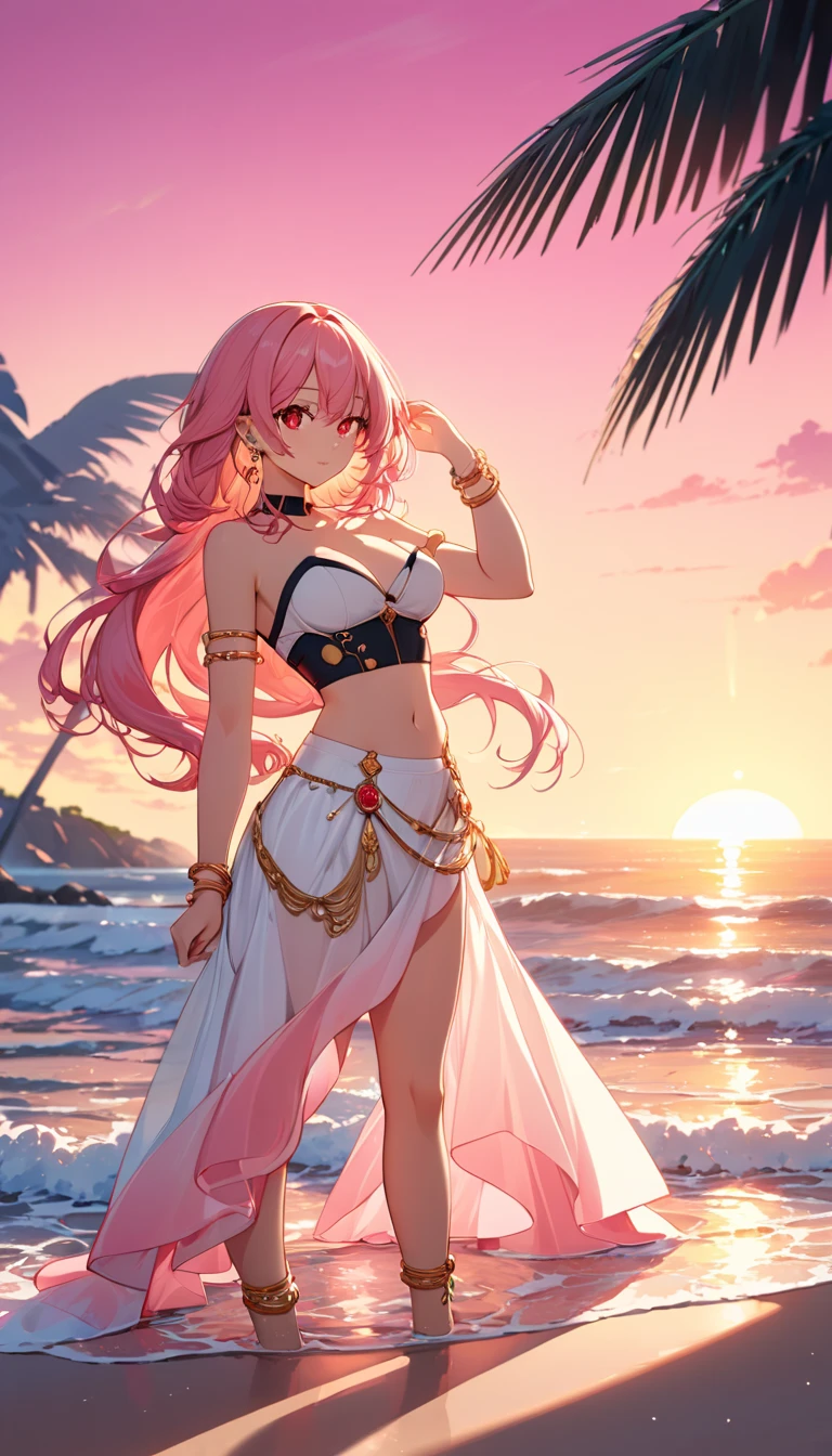 1 girl(white pareo, pink hair, half side up hair, flower hair clip, red eye, barefoot, standing), sea side, 振り向き