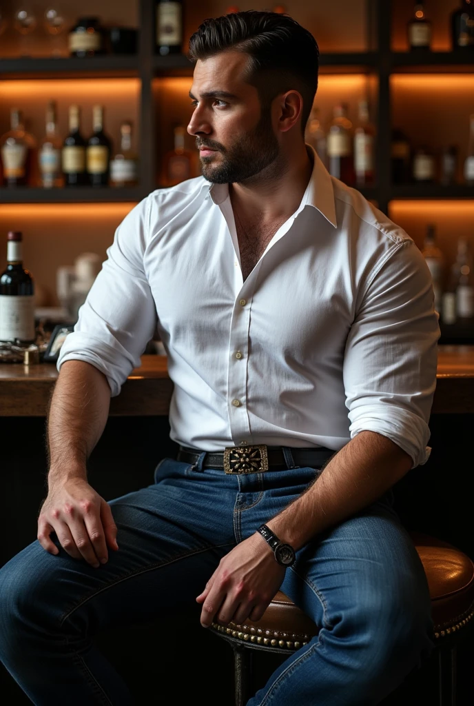 h3nr4, handsome white and black shirt, muscular man, very handsome and manly, intricate, elegant, Sharp focus,  soft lighting, masterpiece, in an minimalistic bar, bien iluminado, sexy Whole body, blue jeans con estoperoles ,big bulge  , elegant sexy hot, thick belt with studs, strong and muscular legs,  big lump male hands , very handsome , perfect hands Striped shirt sitting , flexing one arm ,