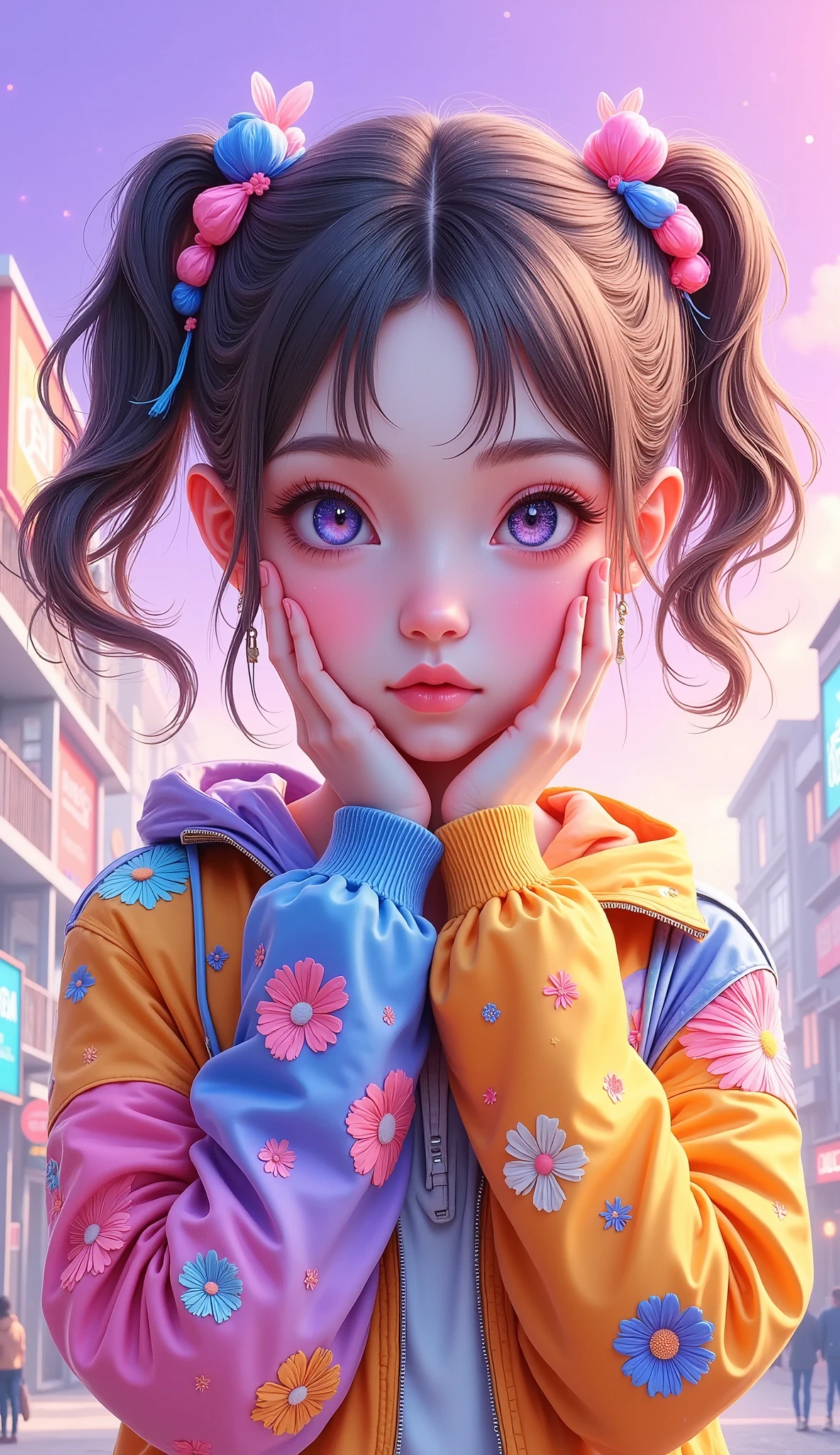 drawing style painted in watercolor, Anatómicamente correcto,  a girl in a colorful jacket and two twin pigtails, fringe,  hair on the sides of her face  ,  poses for a photo with her two hands resting on her face ,  background color of the deteriorating sky with pale violet , an anime drawing of Ilya Kuvshinov ,  trend in cg ,  fantasy art, vibrant pastel rossdraws,  vibrant cartoons of Rossdraws , realistic kawaii portrait,  colorful aesthetic ,  realistic painting of a pretty girl , Digital Art by Ilya Kuvshinov, Colorful digital painting, Anime style 4k 