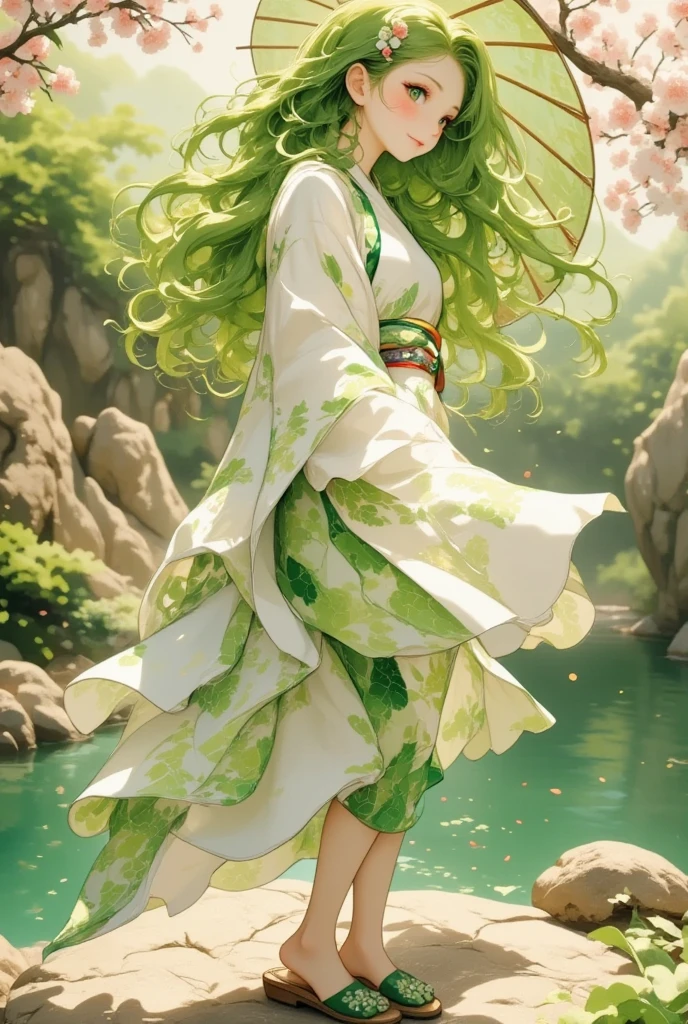 Imagine a virtual idol inspired by a daikon, captured in a harmonious blend of traditional Japanese aesthetics and modern idol culture. (She's a youthful figure with vibrant, lime-green hair styled into elegant, cascading waves reminiscent of daikon leaves. Her outfit is a fusion of a traditional kimono and futuristic idol attire, featuring a flowing, white fabric with intricate green patterns that mimic the texture of a daikon's skin. The sleeves are long and wide, adorned with delicate embroidery of daisies and radishes, symbolizing growth and vitality. Her eyes are a striking emerald, filled with warmth and enthusiasm, reflecting her vibrant personality. A subtle blush on her cheeks gives her a fresh, youthful appearance, akin to a freshly picked radish. Her accessories include a delicate hairpin designed as a blooming radish flower, and she wears elegant geta sandals with green straps. Posed in a graceful stance, she holds a traditional Japanese umbrella decorated with daikon leaf patterns. The background depicts a serene Japanese garden, with cherry blossoms gently falling, adding to the soothing and harmonious ambiance. Bathed in soft, ambient daylight, her presence feels both grounding and ethereal, like a bridge between nature and technology. The overall atmosphere is one of peace, hope, and renewal, capturing the essence of new beginnings and the ever-growing cycle of life, which the daikon symbolizes in Japanese culture.)