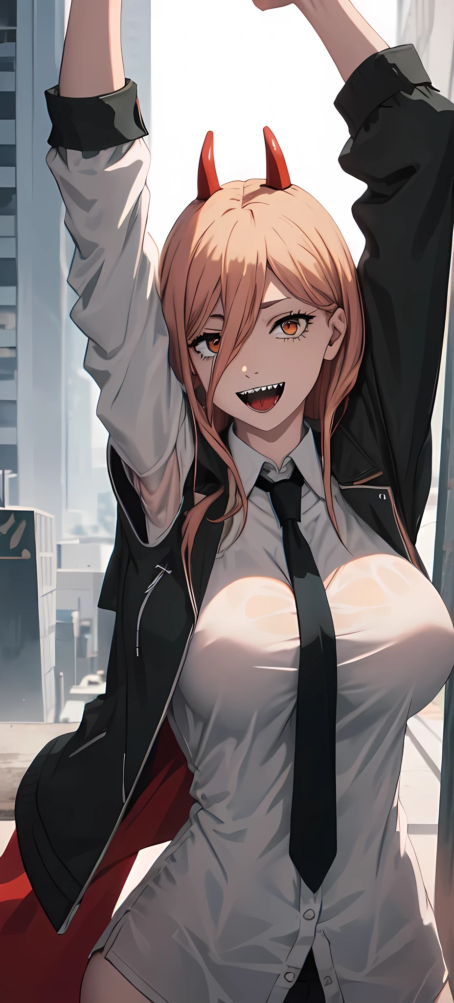 Detailed face, best quality, masterpiece, highres, solo, (power_chainsawman), 1girl, black jacket, black necktie, collared shirt, looking at viewer, sharp teeth, white shirt, smile, open mouth, orange eyes, perfect proportions, big breast, showing perfect ass, half naked. (((half naked))) city background, wet shirt, (((showing armpits))) city background. 