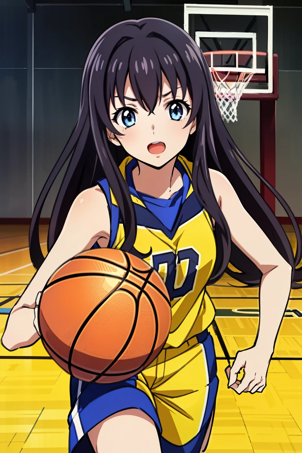 1 girl, cute, black hair, ((髪band)), masterpiece, ((dynamic posing in the high school gym.)), (dynamic posing), (Running and dribbling a basketball), (black basketball team uniform), (anime cels style, Masterpiece, best quality, high resolution, anime colored, megami magazine:1.2, anime poster style, anime keyvisual, sharp, 8k, photorealistic), beautiful blue eyes 