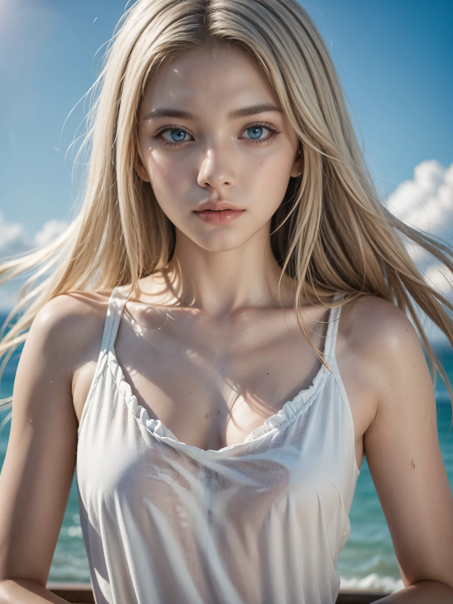 1 girl (12 years old, loli), curly long white hair, green eyes, clothes ((naked, topless)), accessories ((diadem, pendant)), beach, sunset