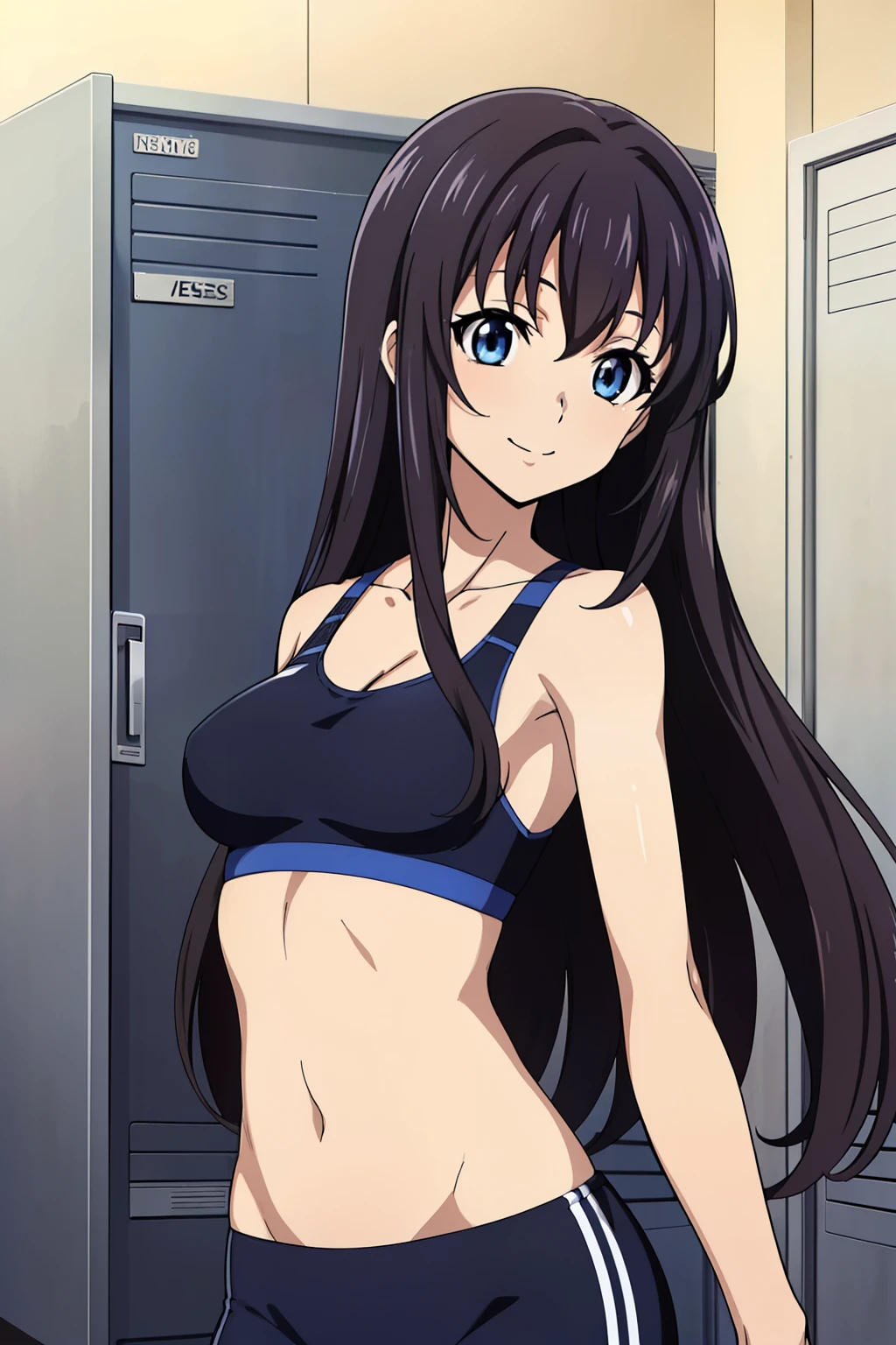 1 girl, cute, black hair, ((髪band)), masterpiece, ((Changing rooms with many lockers)), (posing), (smile), (sports bra, sports Panties), (anime cels style, Masterpiece, best quality, high resolution, anime colored, megami magazine:1.2, anime poster style, anime keyvisual, sharp, 8k, photorealistic), beautiful blue eyes
