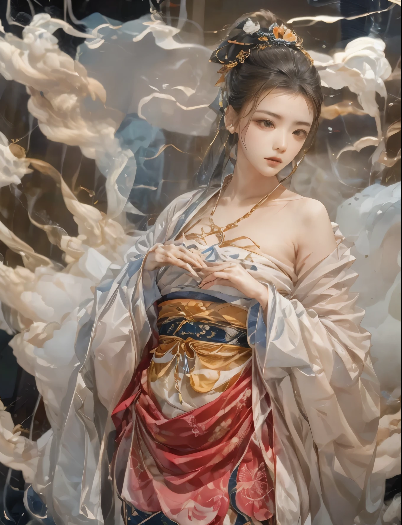 ((Chinese style)),((Perfect symmetrical composition:1.2)), ((1girl:1.4)), (bare shoulders:0.85), ((nude:1)),(boobs naked:0.55),((nipples:0.85)), (Glowing ambiance, enchanting radiance, luminous lighting, ethereal atmosphere, mesmerizing glow, evocative hues, captivating coloration, dramatic lighting, enchanting aura),1girl, masterpiece,best quality, 1girl, (in smoke:1.1),(dynamic smokeanywhere:1.4),<lora:smokeanywhere:0.55>,(upper body:1.2),((nipples:0.55)),(1 Chinese patterns in the middle of the girl's forehead),girl with a weak temperament, epic cinematic, soft nature lights, rim light, absurd, amazing, funny, itricate, hyper detailed, ultra realistic, soft colors,((nipples:1)),(scented candles), (harvest festival), (autumnal equinox), (maple syrup), (falling petals), (colorful foliage), <lora:oc_v10:0.5:PALETTE> <lora:lowra_v10:0.4> white flower<lora:anxiang:0.65>,<lora:zhongfenghua:0.55:PALETTE>,pink flowers, <lora:flowergirl:0.85:MIDD> ,(hard nipples),Chinese style,