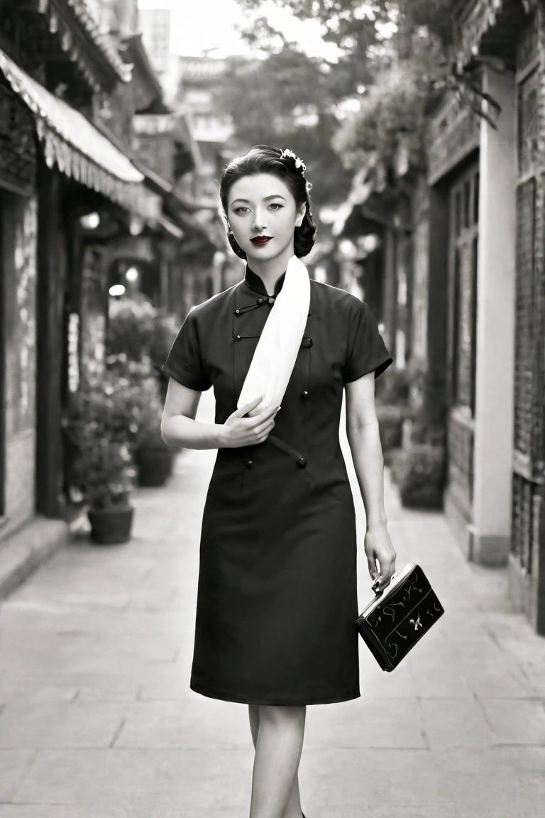 High-resolution black-and-white photograph. Telephoto lens.A Chinese woman in a black Chinese dress stands in the streets of Shanghai in the 1940s. She is tall and model-like in appearance with a beautiful face and long legs. She is holding a clutch bag under her arm and looking into the distance.