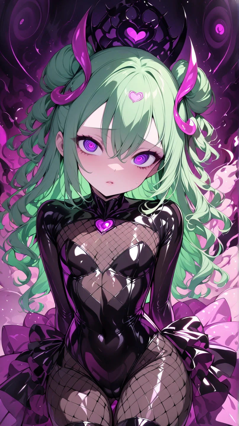  Young Beautiful Woman,( best quality, very detailed depiction, incredible high resolution,High quality anime drawings),(Magical girl costume based on black and pink, Bad End Bodysuit, latex bodysuit ,Body net suit, black tights, thigh-high boots),( green hair,Swirling Eyes,Purple Eyes, Hollow Eyes, mind control :1.3,hypnotism,Glossy lips, glamorous body, slender,stoic,Empty look,Fall,Fallen into evil,Being manipulated,Beautiful legs, healthy legs), cowboy shot:1.3