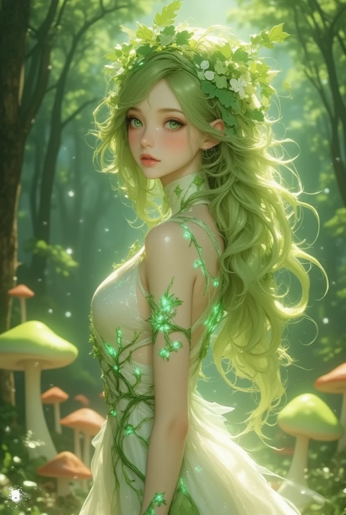 Imagine an enchanting and mystical virtual idol inspired by a daikon, situated within a magical woodland setting. (She embodies an ethereal presence with her long, flowing green hair, akin to cascading daikon leaves, shimmering under dappled sunlight. Her dress is a blend of delicate fabrics with shades of green and white, embellished with glowing patterns resembling roots and tendrils. Her eyes, a mesmerizing jade green, mirror the sparkle of dew on morning leaves, filled with wisdom and compassion. She possesses a gentle, otherworldly beauty with a barely touched blush and subtle luminescence on her skin, reflecting the light of a magical forest. Her accessories are earthy, with vine-like bracelets and a tiara made of intertwining leaves and radish flowers. Depicted in a serene pose, she stands in the middle of an ancient forest glade surrounded by luminescent mushrooms and mystical creatures. The background is alive with the vivid greens of an enchanted forest, with ethereal lights dancing around. The ambiance is magical and serene, capturing a sense of wonder, tranquility, and the timeless allure of nature's hidden magic, symbolizing the daikon's life-giving properties and its nurturing spirit.)