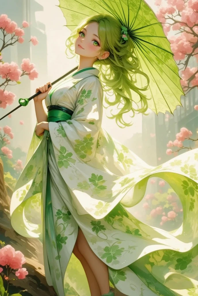 Imagine a virtual idol inspired by a daikon, captured in a harmonious blend of traditional Japanese aesthetics and modern idol culture. (She's a youthful figure with vibrant, lime-green hair styled into elegant, cascading waves reminiscent of daikon leaves. Her outfit is a fusion of a traditional kimono and futuristic idol attire, featuring a flowing, white fabric with intricate green patterns that mimic the texture of a daikon's skin. The sleeves are long and wide, adorned with delicate embroidery of daisies and radishes, symbolizing growth and vitality. Her eyes are a striking emerald, filled with warmth and enthusiasm, reflecting her vibrant personality. A subtle blush on her cheeks gives her a fresh, youthful appearance, akin to a freshly picked radish. Her accessories include a delicate hairpin designed as a blooming radish flower, and she wears elegant geta sandals with green straps. Posed in a graceful stance, she holds a traditional Japanese umbrella decorated with daikon leaf patterns. The background depicts a serene Japanese garden, with cherry blossoms gently falling, adding to the soothing and harmonious ambiance. Bathed in soft, ambient daylight, her presence feels both grounding and ethereal, like a bridge between nature and technology. The overall atmosphere is one of peace, hope, and renewal, capturing the essence of new beginnings and the ever-growing cycle of life, which the daikon symbolizes in Japanese culture.)