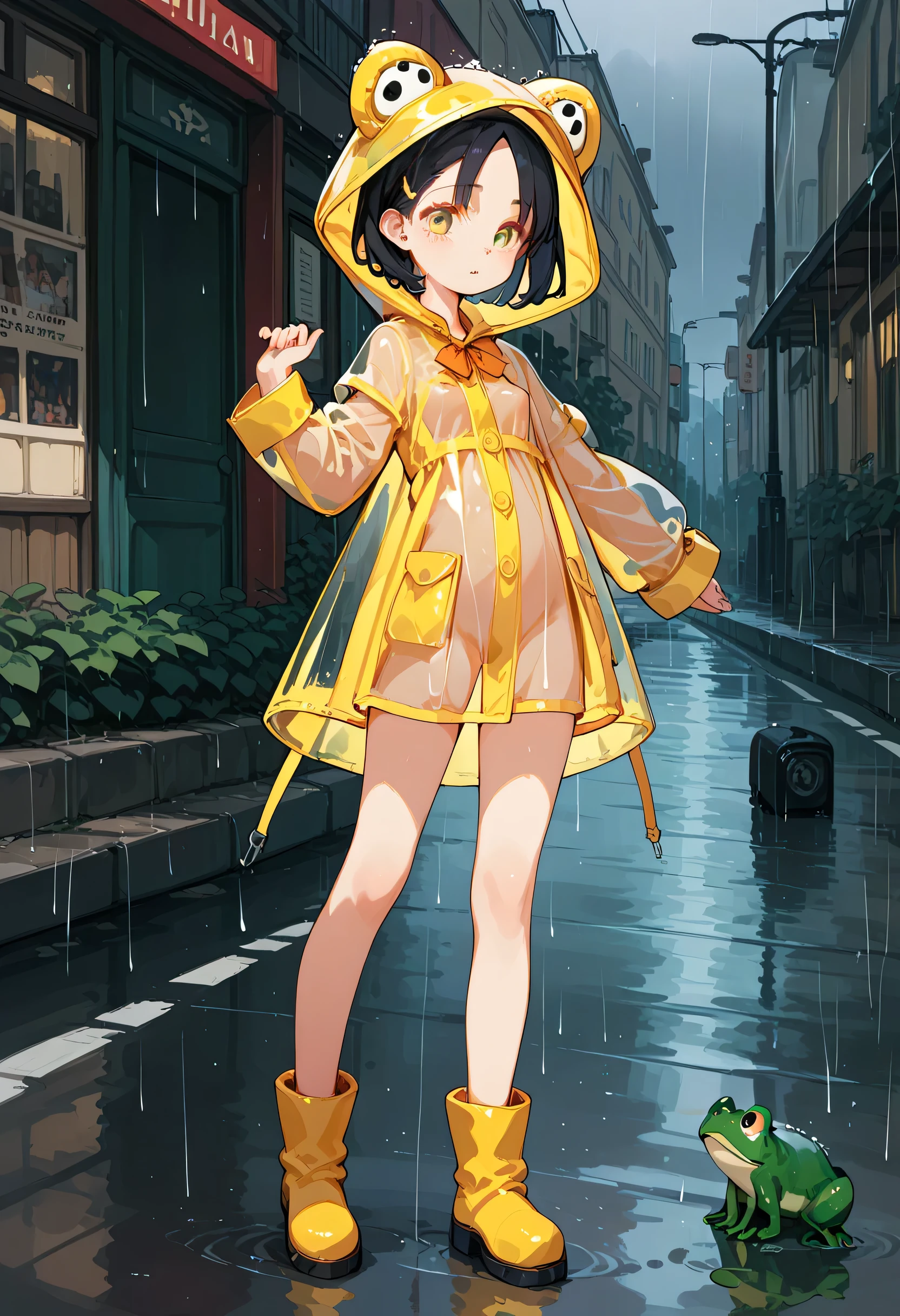 1girl,solo,**li,10yearsold,short stature,((flat breasts)),black hair,short hair,bow-shaped hair,parted bangs,yellow eyes,frog raincoat,put on hood,button closed raincoat,see-through raincoat,rain boots,ridge road,rainy,