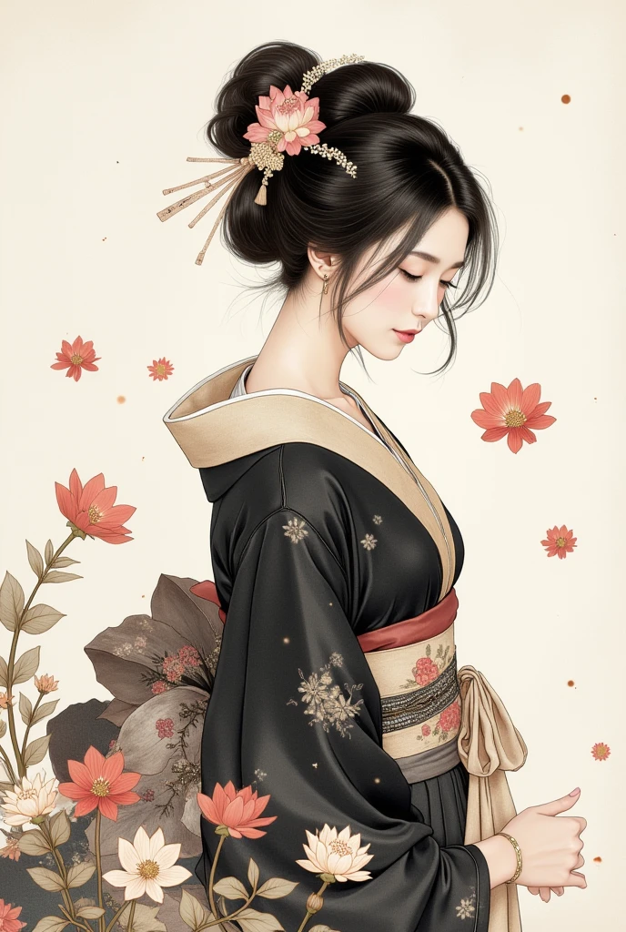 (traditonal chinese ink paiting),portrait,1woman, flying petals,Upper body, black_yukata,hair_decoration,