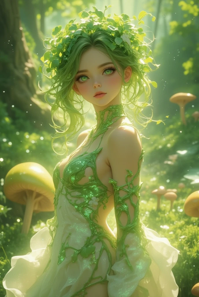 Imagine an enchanting and mystical virtual idol inspired by a daikon, situated within a magical woodland setting. (She embodies an ethereal presence with her long, flowing green hair, akin to cascading daikon leaves, shimmering under dappled sunlight. Her dress is a blend of delicate fabrics with shades of green and white, embellished with glowing patterns resembling roots and tendrils. Her eyes, a mesmerizing jade green, mirror the sparkle of dew on morning leaves, filled with wisdom and compassion. She possesses a gentle, otherworldly beauty with a barely touched blush and subtle luminescence on her skin, reflecting the light of a magical forest. Her accessories are earthy, with vine-like bracelets and a tiara made of intertwining leaves and radish flowers. Depicted in a serene pose, she stands in the middle of an ancient forest glade surrounded by luminescent mushrooms and mystical creatures. The background is alive with the vivid greens of an enchanted forest, with ethereal lights dancing around. The ambiance is magical and serene, capturing a sense of wonder, tranquility, and the timeless allure of nature's hidden magic, symbolizing the daikon's life-giving properties and its nurturing spirit.)