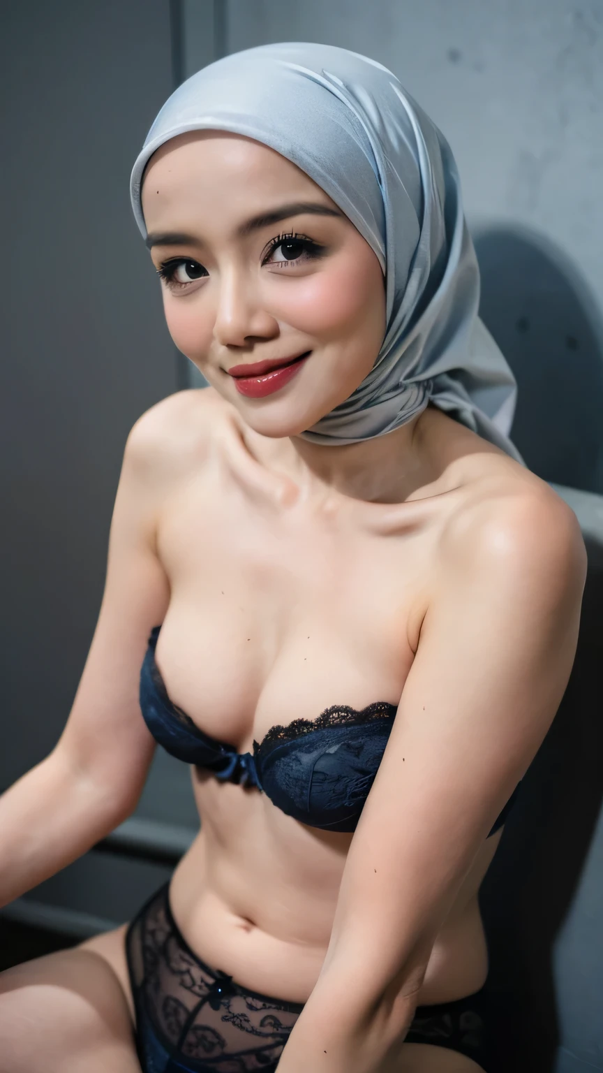 Malay girl in hijab, wearing white bra and panties, portrait photography, mid shot photo, ultra detail, professional photograph with professional lighting, smile showing teeth, on the bed, sexy seducing pose, curvy, legs wide open, spread legs,