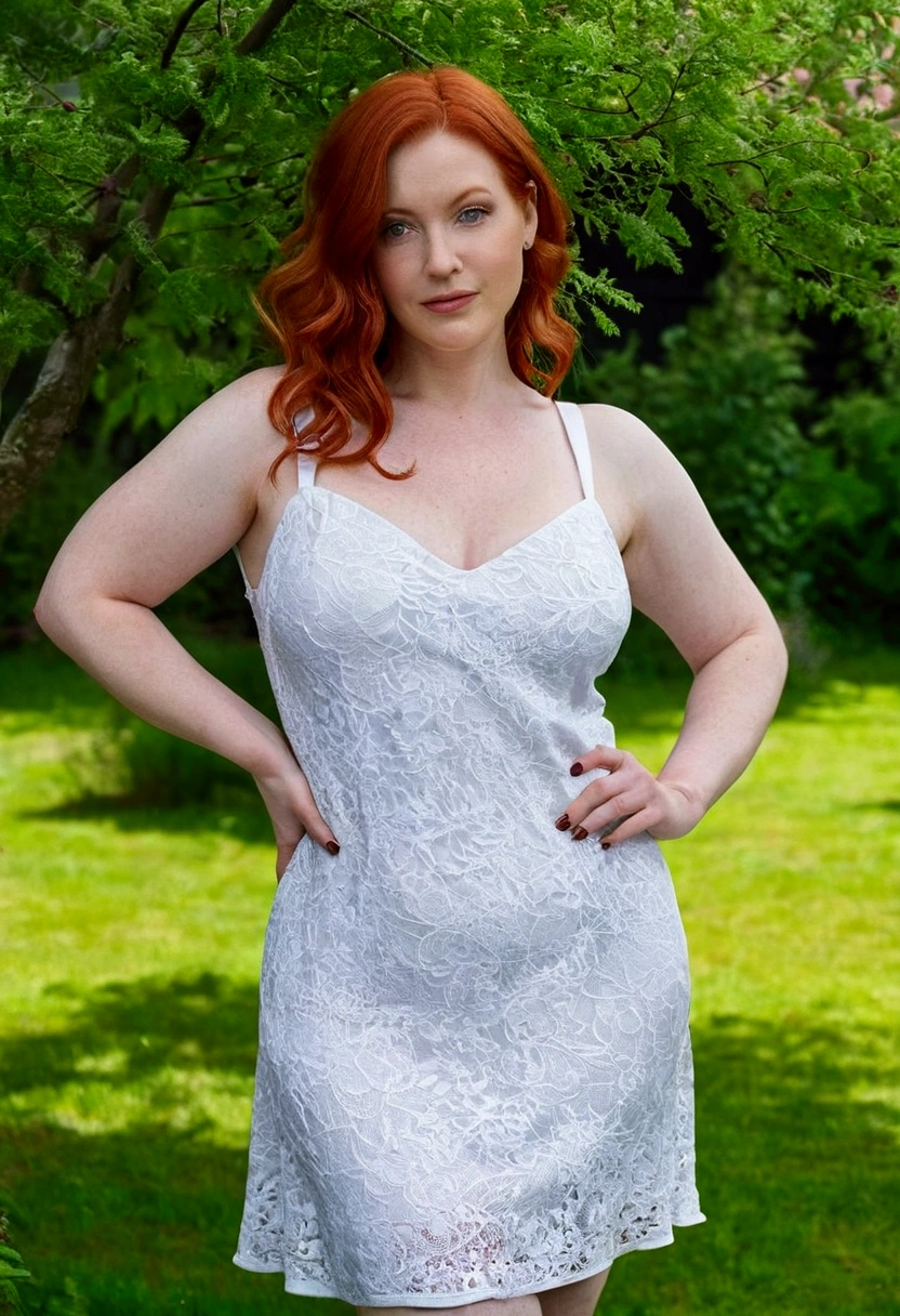 Full body shot of a beautiful redhead with a curvy body and full medium breasts. Louise Robey from Friday the 13th:The Series. Standing inside of Curious Goods antique shop. Wearing a transparent low-cut tight fitting white dress with very short skirt and white high heels.