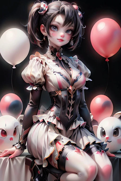 a female clown at a circus, dramatic pose, ankle strap pumps, hosiery, ((clown makeup)), dark fantasy art style, dramatic lighting, holding balloons, gothic, (best quality,4k,8k,highres,masterpiece:1.2),ultra-detailed,(realistic,photorealistic,photo-realistic:1.37)