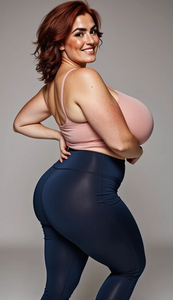 sexy bbw mature woman, beautiful face, big breasts, sexy big ass, sexy thighs, tall body, wearing a sports bra, wearing transparent sports leggings