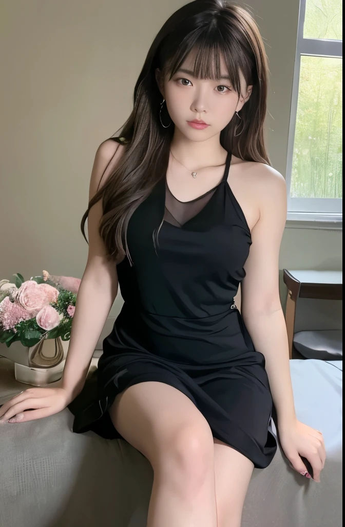 8k resolution masterpiece 18-year-old girl in a black dress with flowers