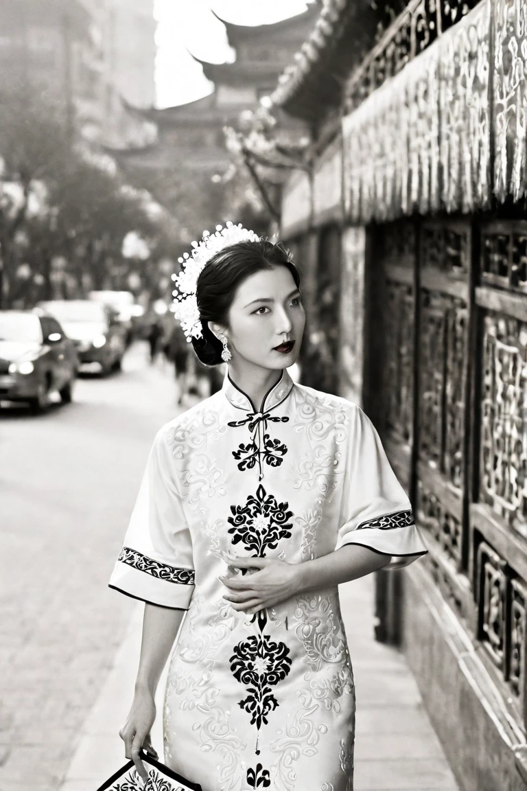 High-resolution black-and-white photograph. Telephoto lens.A Chinese woman in a luxurious embroidered Chinese dress stands on the streets of Shanghai in the 1930s. She is tall and model-like in appearance with a beautiful face and long legs. She is holding a clutch bag under her arm and looking into the distance. The background is a busy city.