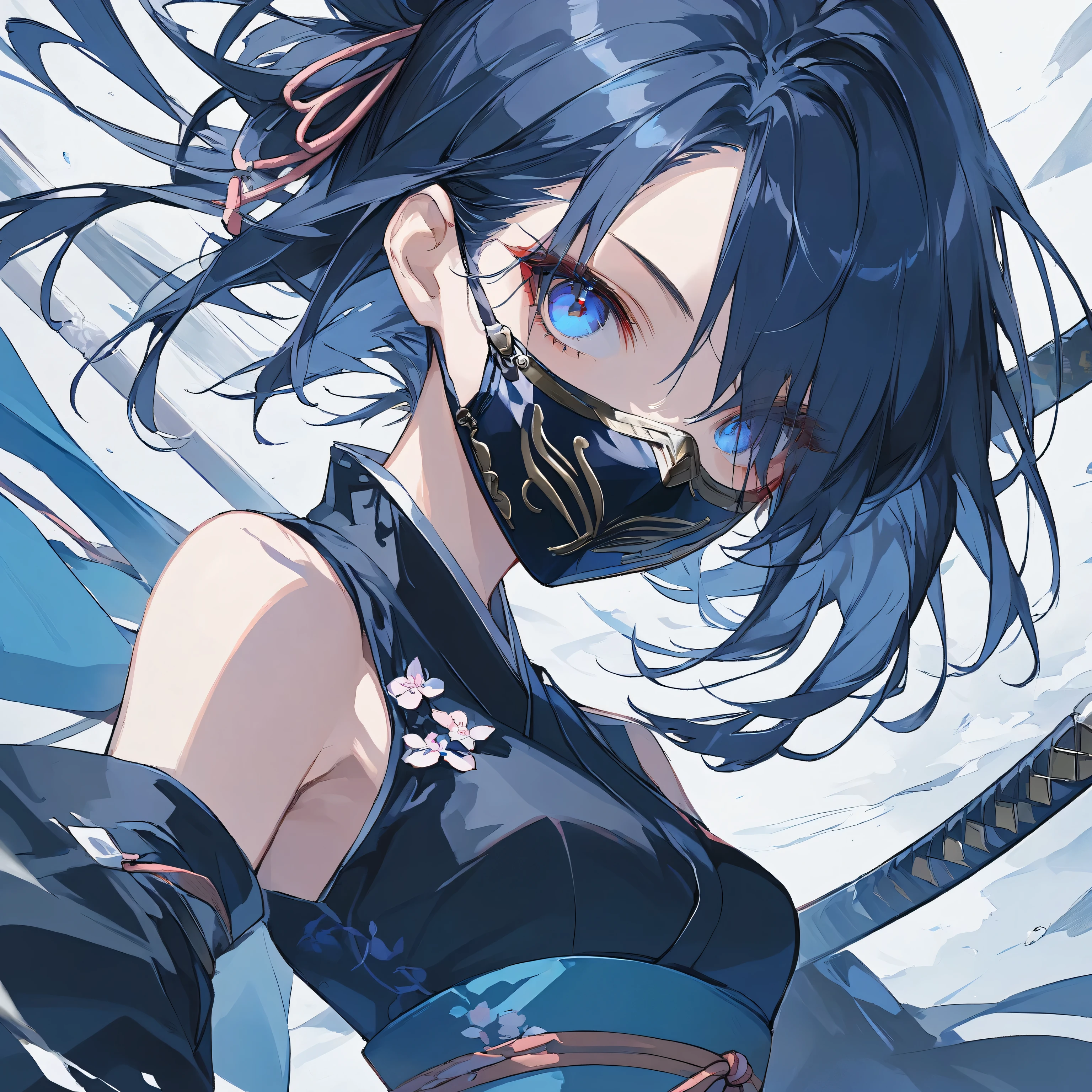 Surrealist artwork、高度に洗練されたデジタルartワークをデザインする。, futuristic femme fatale、(Girl hiding half her face with a mask:1.4)、 reflective glass glass and smooth, high tech texture, The theme is joy and sadness、Centered, Approaching perfection, dynamic, Very detailed, artステーション, コンセプトart, Sleeping,water flowing、 Sharp focus, figure, art:Carne Griffith、Vadim Kashin, graffiti airbrush techniques, High resolution, Accent lighting, Contrast with bright paint colors、The depth of the written world、Tabletop、High Contrast、Ultra-detailed、