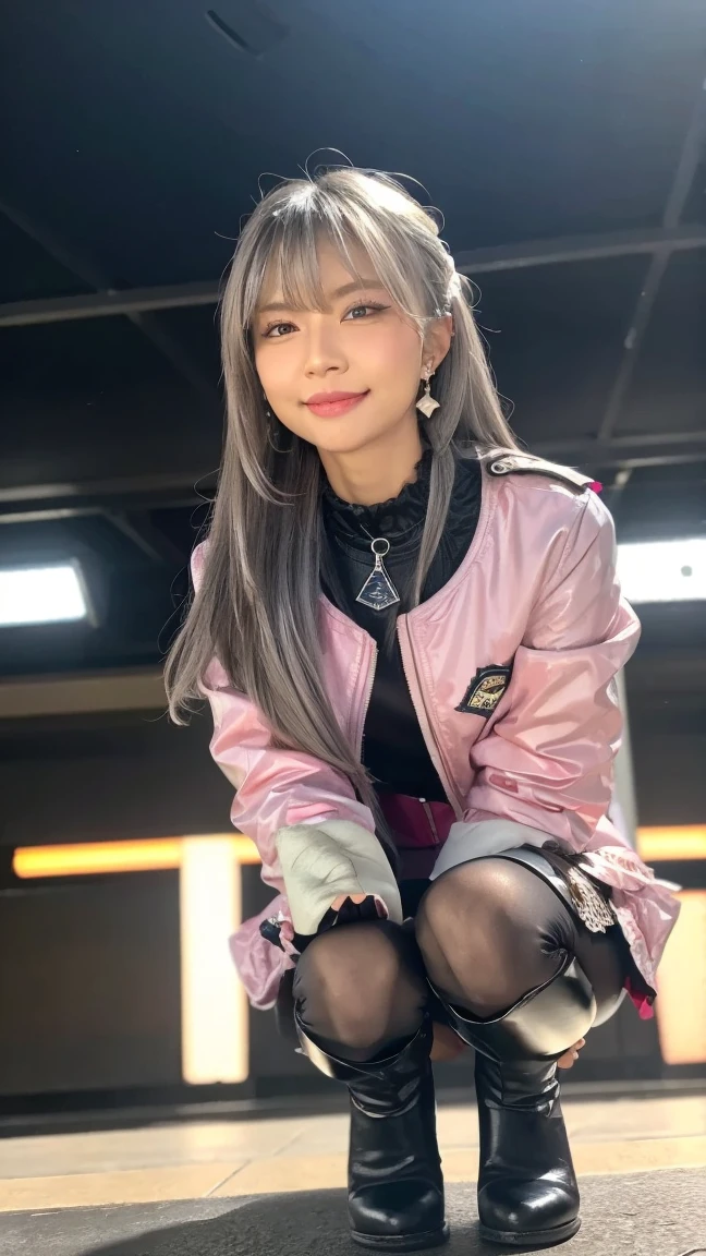 artworks，Ultra High Resolution， 8k resolution，Accurate facial features with depth of field，is a perfect face，girl，the only person，ssmile，Look at the audience，Long gray hair，with pink hair，crossed bangs，shairband，bangle，collars，hoop earings，aviator sunglasses bomber jacket，red fire retardant clothing，Over-the-knee boots，Ruffled pantyhose，crouched，facing to audience，eventide，Temple，Train station，Fleet Collection， movie lights