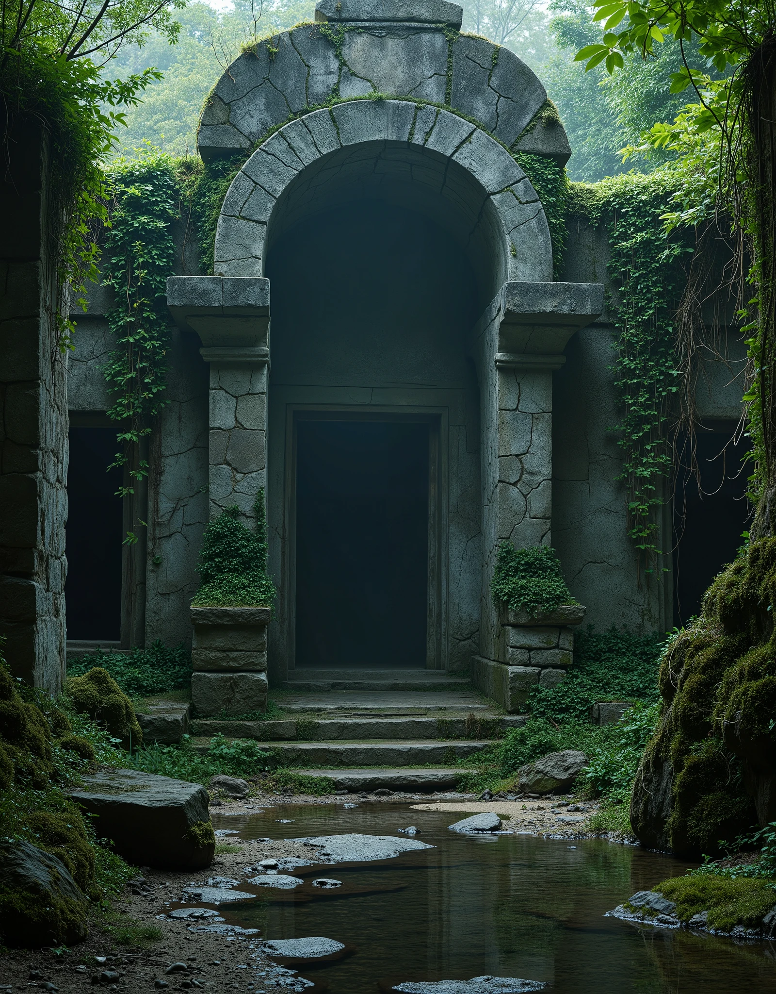 high quality photography of a ancient ruin temple, the temple stone walls are weathered and cracked, covered in patches of moss and creeping ivy, the ground beneath swallow clear water, the temple surrounded by green, dark theme, mysterious vibe, dim-lit, cinematic composition, high contrast, intricate detailed, high resolution