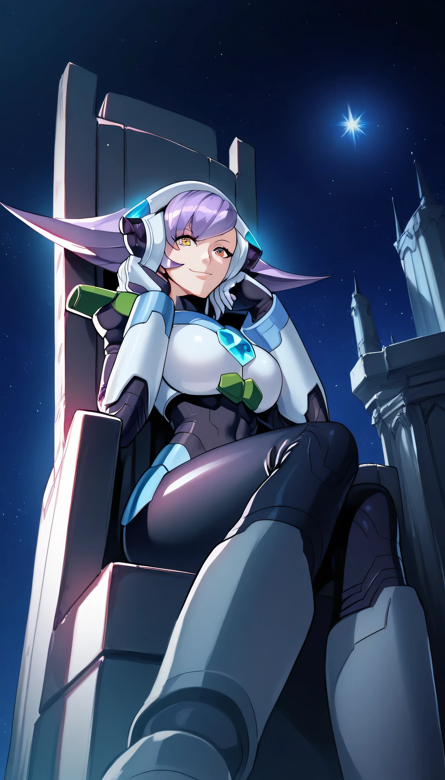 1girls, solo, female_focus, , sitting, , throne, pants, , looking_at_viewer, eye_of_horus, , , ,, smile, chain, closed_mouth, , , traditional_media, ,head_rest, Anime, puri, 1girl, luminex8, smile, violet hair, android, white armor, black bodysuit, night, low angle, looking at viewer, night, sky, stars,large breast 