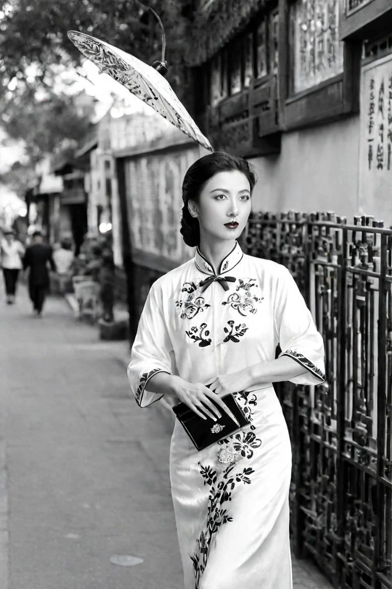 High-resolution black-and-white photograph. A Chinese woman in a Chinese dress stands in the streets of Shanghai in the 1930s. She is tall and model-like in appearance with a beautiful face and long legs. She is holding a clutch bag under her arm and looking into the distance. The background is a wide street. A rickshaw.