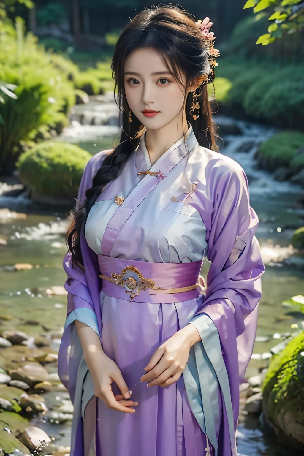 A young girl in a long light purple dress stands at Ishibashi，Hanfu，Ancient， alpine flowing water ，Eye level， milk，Warm and cold light ，HD，HDR， the best details ， realistic style ，Waist Shot