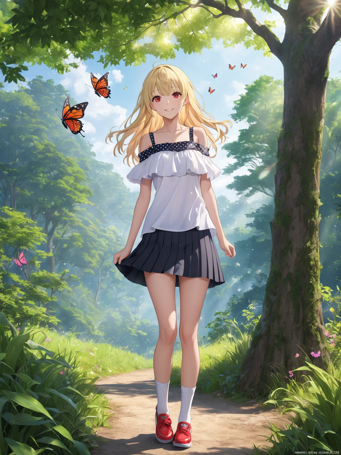 Serena Tsukino Kitagawa with long yellow hair wearing a small black camisole, a white mini skirt with green trim, painted fingernails, star-shaped earrings, and bracelets on her hands, a pretty necklace, with blue heeled sandals, and an autumn background with beautiful pink and purple butterflies flying, and trees with rainbow clouds.
