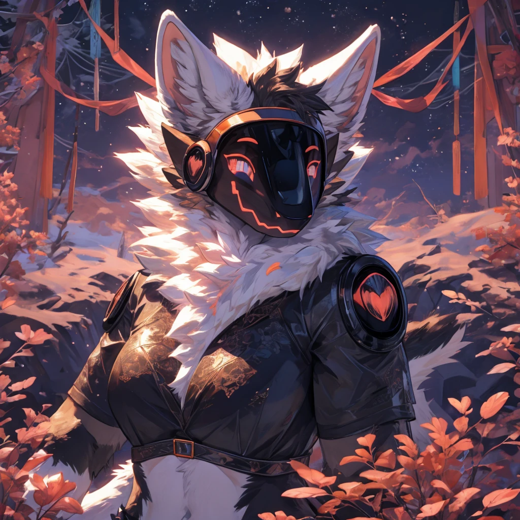 Wolf，furry，girl, White skin, and red eyes, 在灯光照耀下的forest中, Dark and low light. She was wearing a black jumpsuit, Her eyes focused, Looking at the audience. Her skin is very fair, Her face is delicate and perfect, masterpiece, Highest quality artwork. This image is an extremely detailed 8K CG wallpaper, General tones with artistic lighting and neutral filters. (highly deTailed illustration:1.2), best quality, masterpiece, Solitary, Natural Lighting, Protocell, (Protocell face:1.1), (Protocell visor:1.1), Tail, trunk, Green Eyes, sleek fur, Shiny hair, Gray fur, permanent, gravel path, The winding road, windy, windy leaves, Blowing fallen leaves, Trees, Mountains, hills, forest, landscape,