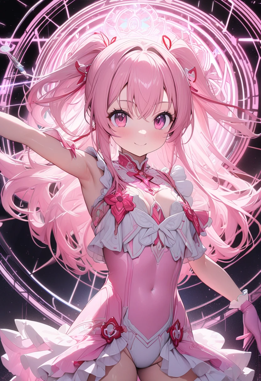 (masterpiece, best quality), best resolution, (2heads:1.5), 1girl, ballerina, pink hair, green eyes, pale blue ballet dress, graceful ballet pose, mid leap, dazzling outdoor stage at night