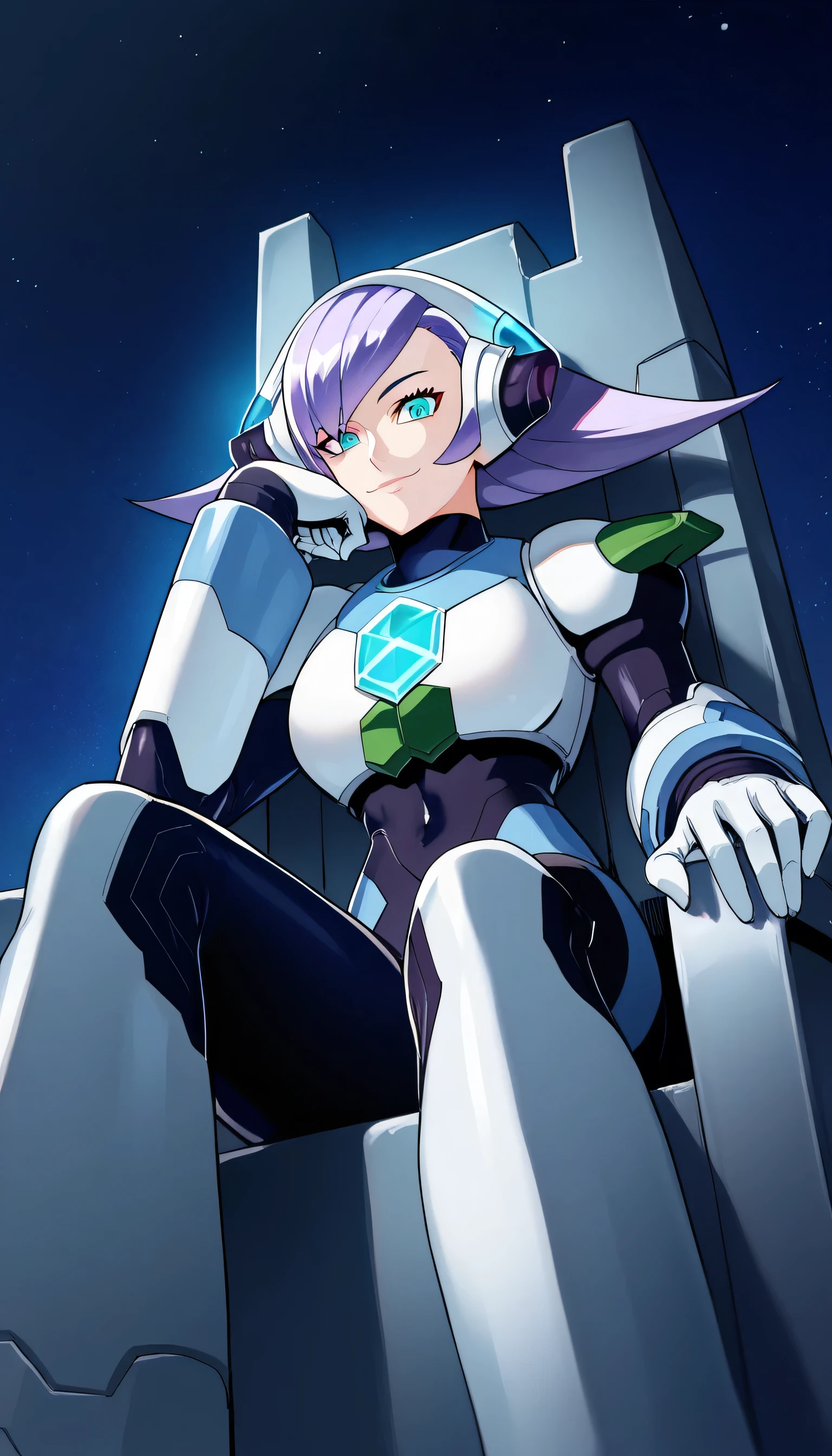 1girls, solo, female_focus, , sitting, , throne, pants, , looking_at_viewer, eye_of_horus, , , ,, smile, chain, closed_mouth, , , traditional_media, ,head_rest, Anime, puri, 1girl, luminex8, smile, violet hair, android, white armor, black bodysuit, night, low angle, looking at viewer, night, sky, stars,large breast 