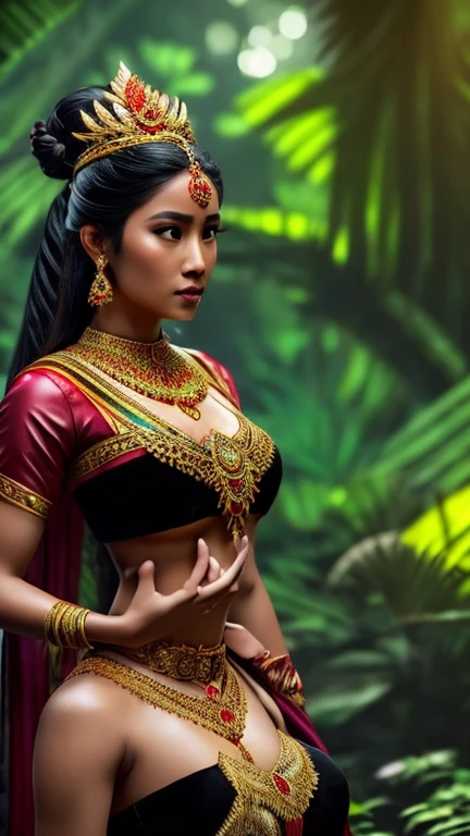 create a hyper realistic photo a beautiful indonesian woman as a hero in dynasty kingdom of majapahit, wearing small gold neklace like a queen, wearing red kemben ,long black hair with bun, doing floating meditation, energy bursts from around of her body, unreal engine 5, absurdres, volumetric mixed color line blue red white lighting around her body, eyes to camera, rainforest background