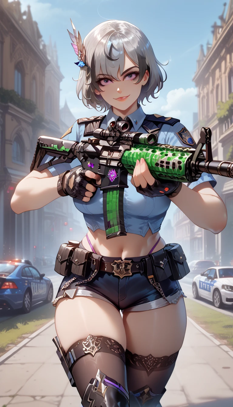 ultra-detailed,16K,(best quality),((masterpiece)),(highres),original,extremely, 1girl, solo, hair ornament, short hair, multicolored hair, grey hair, purple eyes, wearing police uniform, wearing bootyshorts, thong, black gloves, tactical belt, black thighhighs, boots, busty body, large breasts and a beautiful ass, showcasing cleavage, legs, hips, (holding assault rifle), looking at viewer, smile, detailed full body, street background