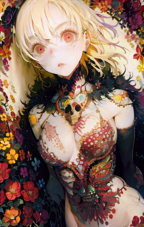 woman,  portrait,  closeup shot, naked, Big Breasts,  Thin Waist,  dark eyes,  blonde alone, infected body ,  complicated,  colorful background, flower, Skull