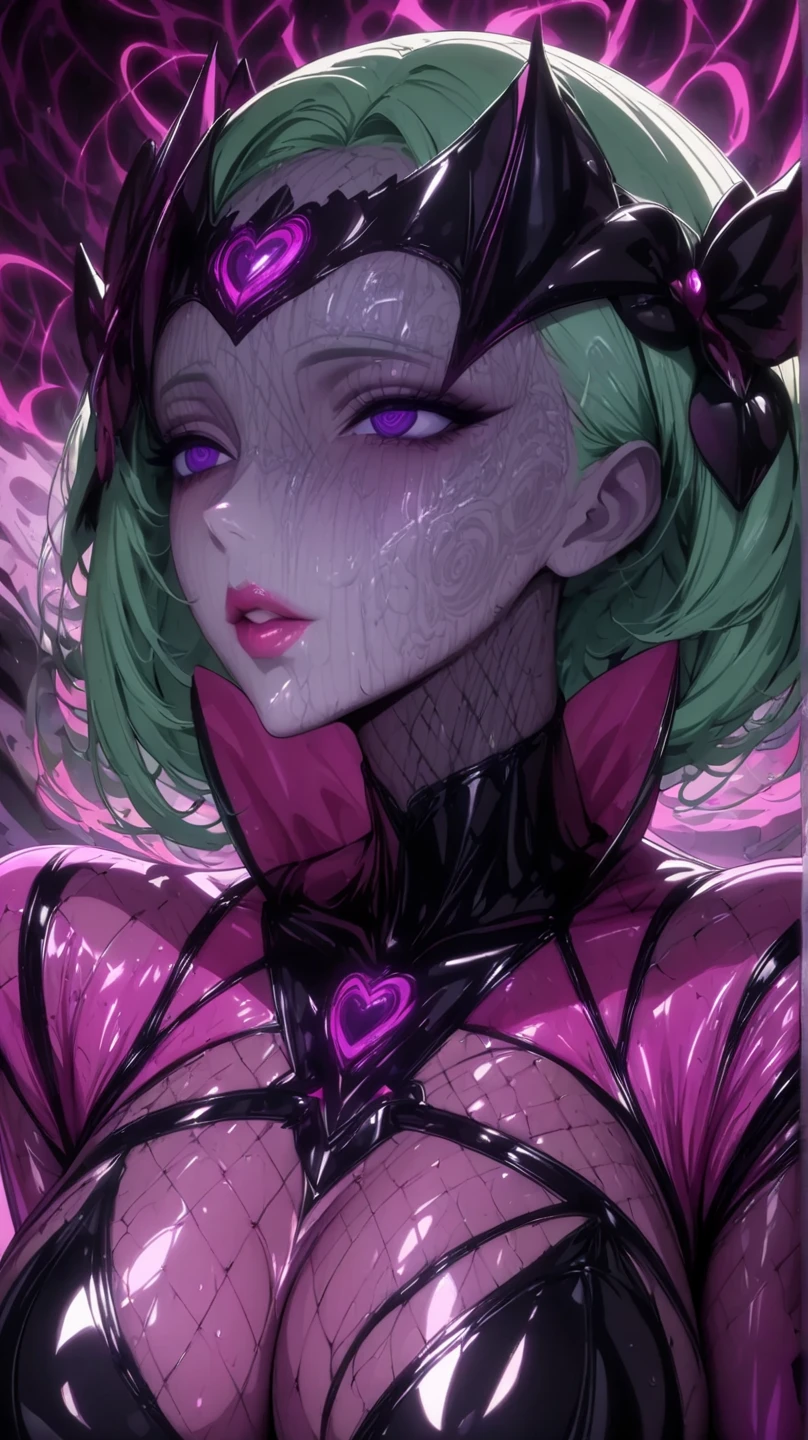  mature beautiful woman with ,( best quality, very detailed depiction, incredible high resolution,High quality anime drawings),(Magical girl costume based on black and pink, latex bodysuit ,Body net suit, black tights, thigh-high boots),( green hair,Swirling Eyes,Purple Eyes, Hollow Eyes, mind control :1.3,hypnotism,Glossy lips, glamorous body, slender,stoic,Empty look,Fall,Fallen into evil,Being manipulated,Beautiful legs, healthy legs), cowboy shot:1.3